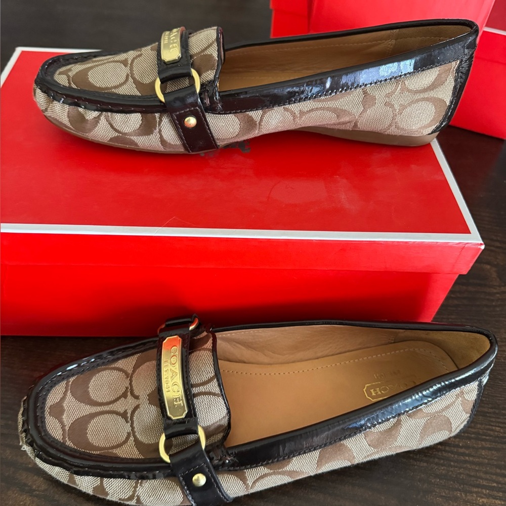 Coach Khaki Signature Canvas Loafers with Dark Brown Trim